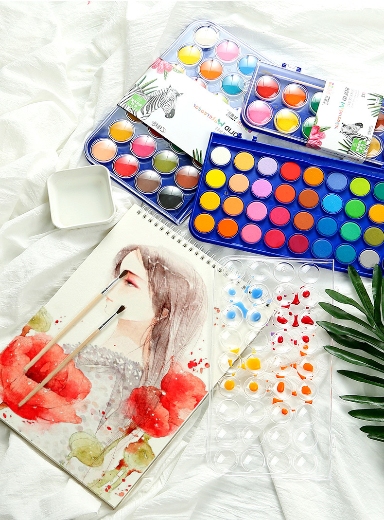 妙趣乐固体水彩颜料36色小学生水粉儿童手绘初学者用美术画画粉饼