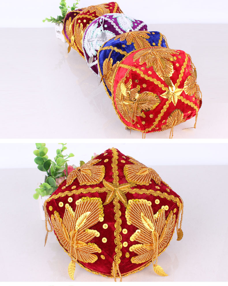 新疆小花帽新疆舞女士手工绣珠亮片帽子维吾尔族演出头饰四角帽