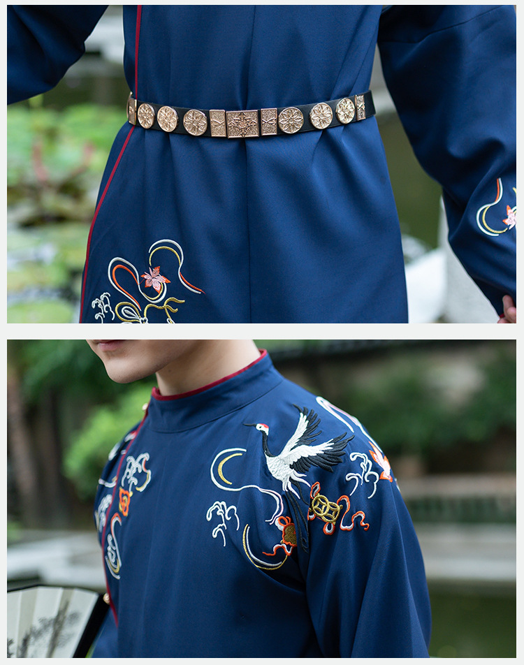 中国风男女通用唐制圆领袍绣花汉服日常蓝白色情侣装搭配革带春秋