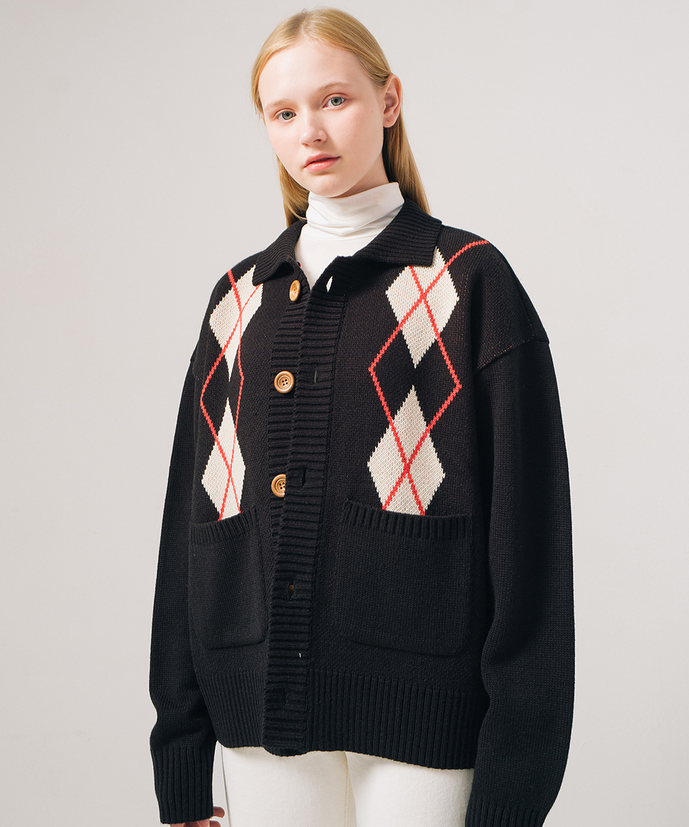 2020秋冬开衫撞色菱格毛衣 毛衣外套女新款bf风长袖针织开衫潮