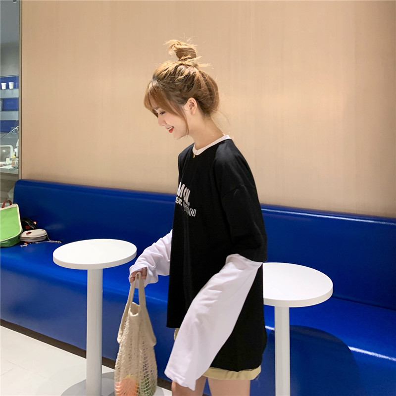 韩国ulzzang衣服女2019秋季宽松bf风黑白拼接假两件长袖t恤上衣女