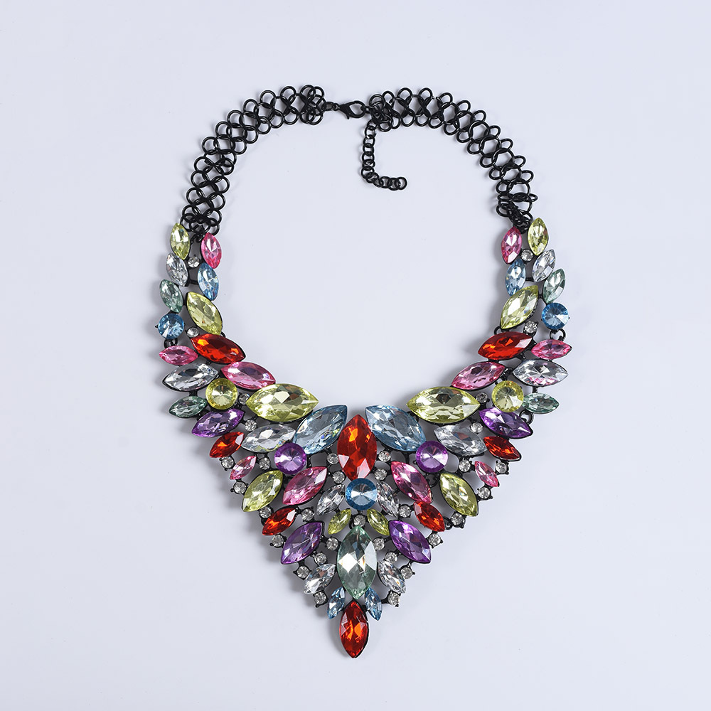 跨境欧美夸张大牌彩色宝石链高端奢华镶宝石项链气质百搭锁骨链