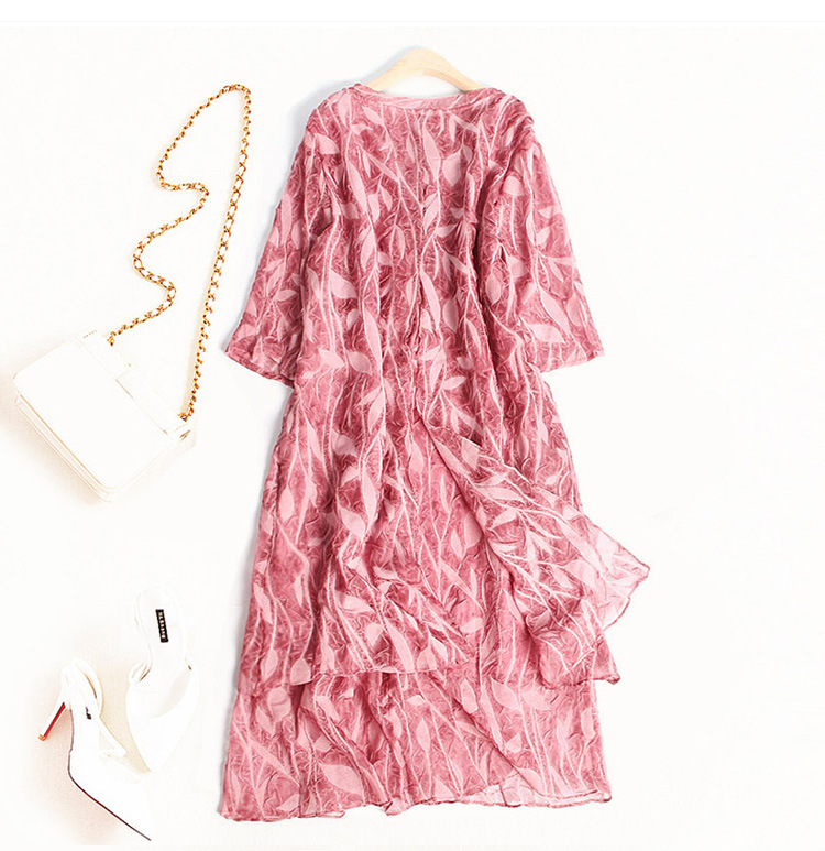 真丝双绉连衣裙2019年春季大码女装中腰连衣裙假两件套女0508-阿里巴