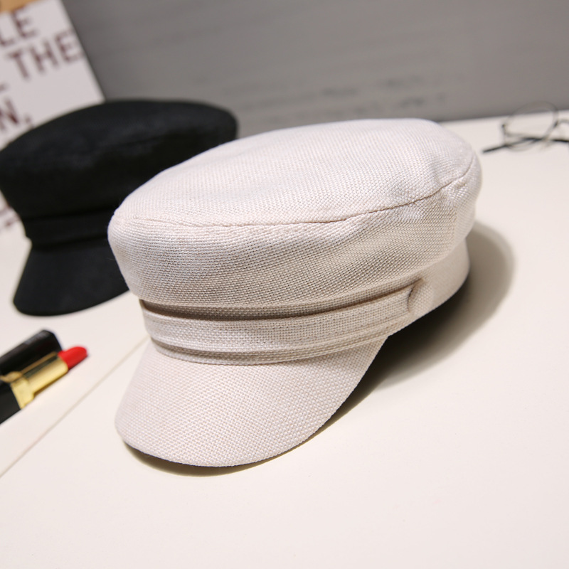 棉麻海军帽子女时尚百搭英伦韩版街头潮鸭舌八角帽贝雷帽女春夏季