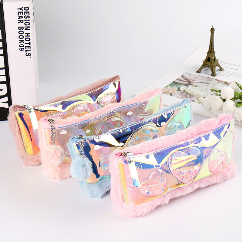 入油流沙小脚印幻彩毛毛笔袋 新款收纳包男女学生文艺笔袋-阿里巴巴