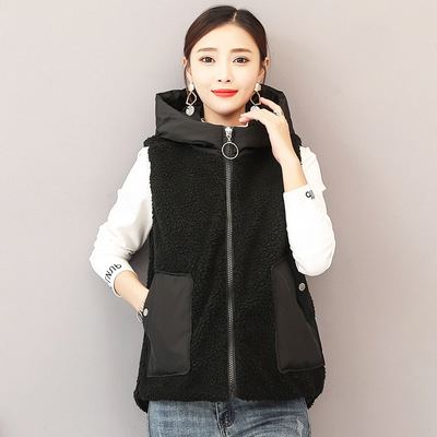 棉马夹女冬季新款宽松大码羊羔绒拼接连帽时尚棉马甲坎肩学生外套