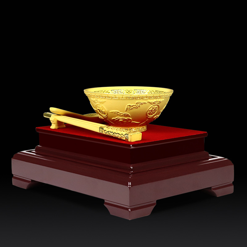 金饭碗筷子工艺品 家居婚庆寿礼饰品创意礼品 绒沙金摆件大号金碗