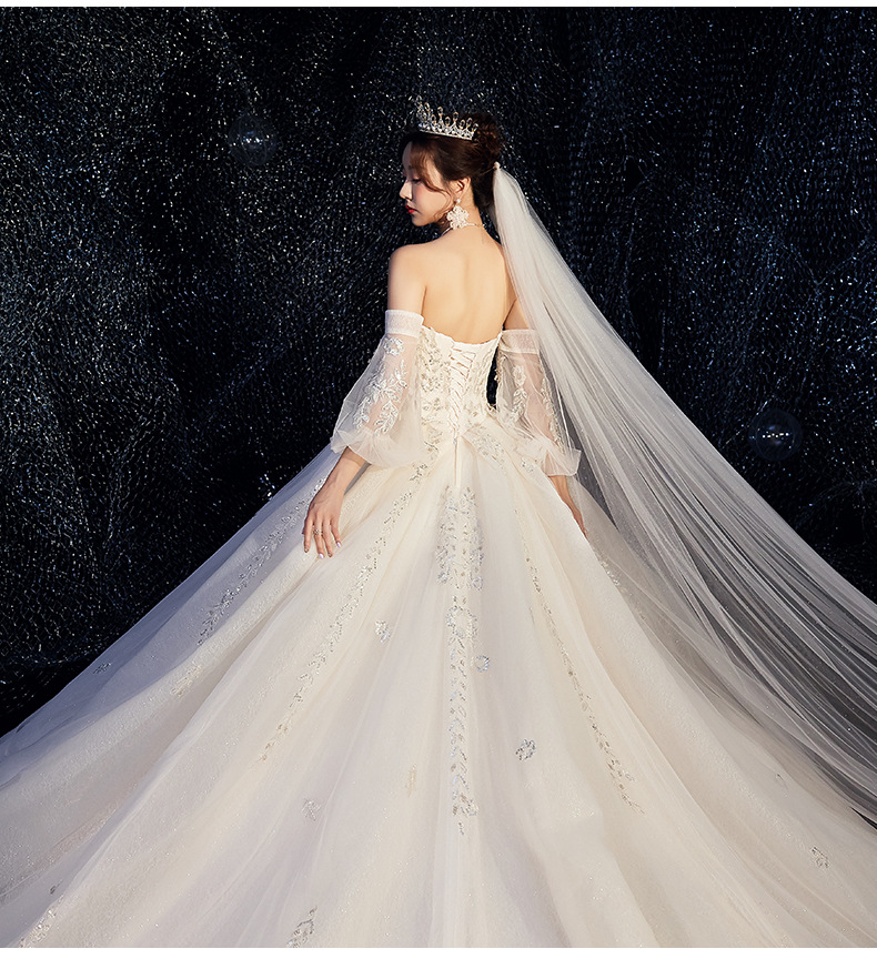 一字肩婚纱2022新款新娘森系超仙梦幻长拖尾礼服抖音网红主婚纱女