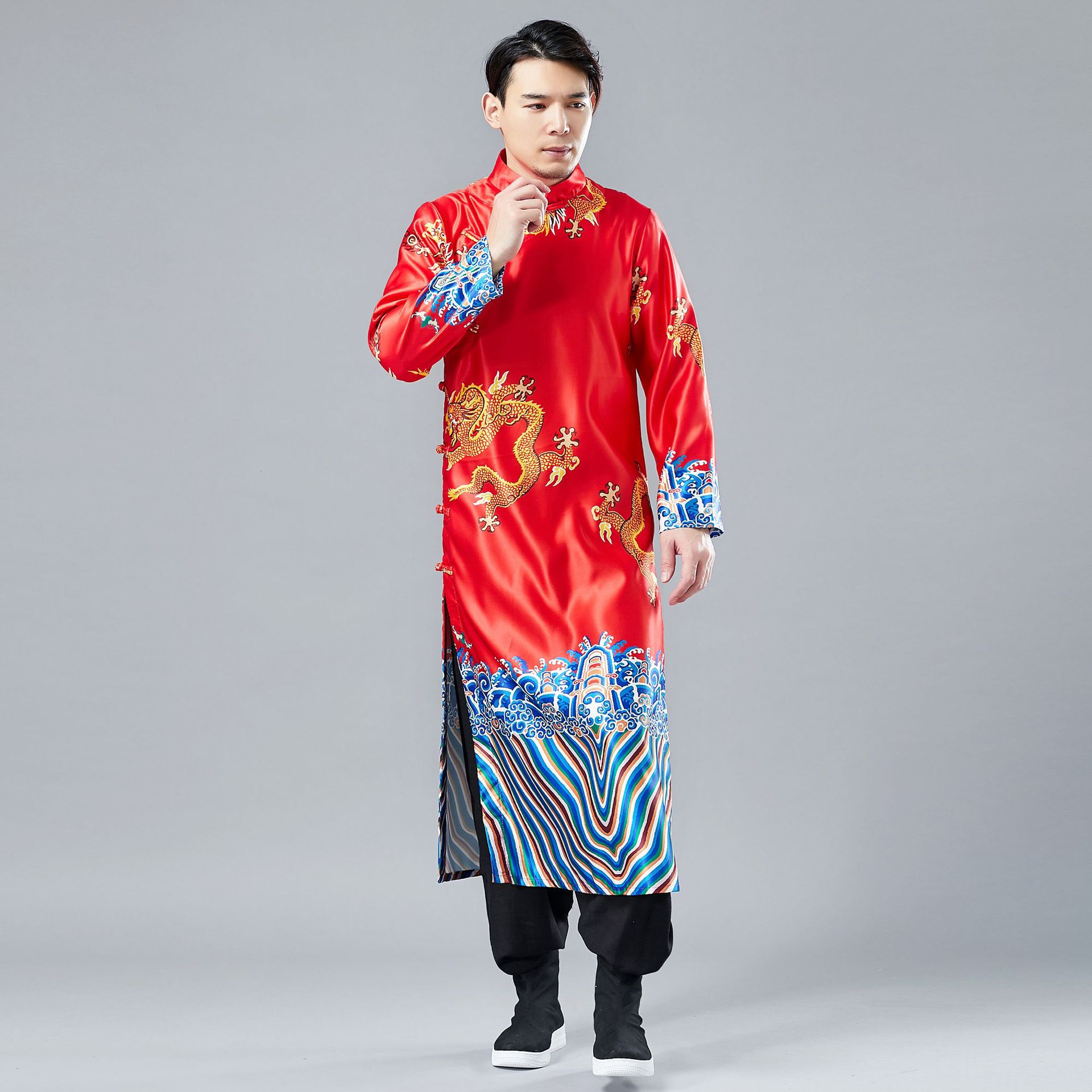 2019春季新款 小龙盘扣长衫 复古中国风长衫男盘扣开衫民族服装