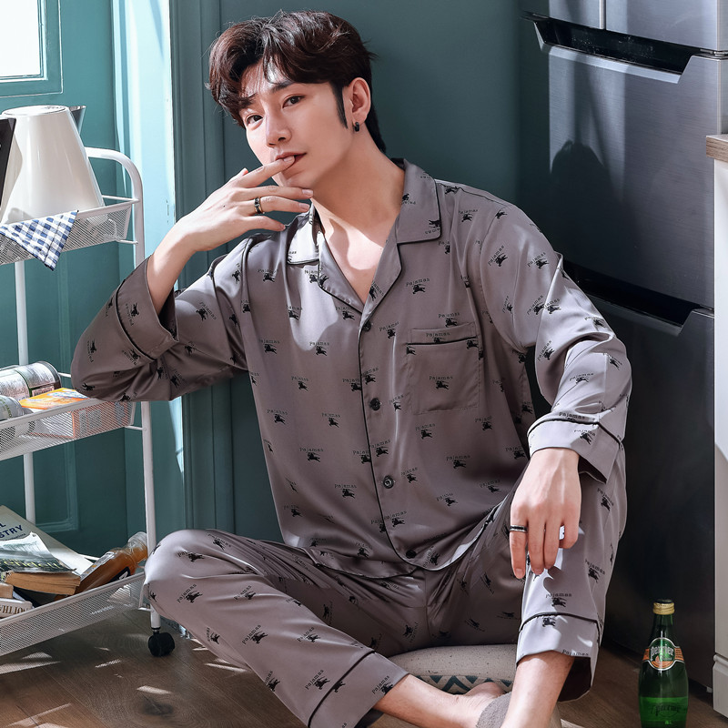 睡衣男士春秋长袖仿真丝绸大码居家夏冰丝秋冬薄款家居服套装新款