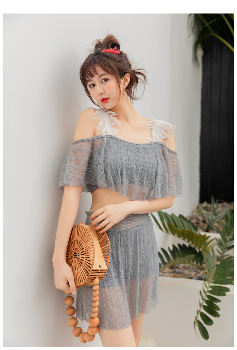 比基尼泳衣两件套性感纯色蕾丝一字肩显瘦女士时尚分体泳装031907