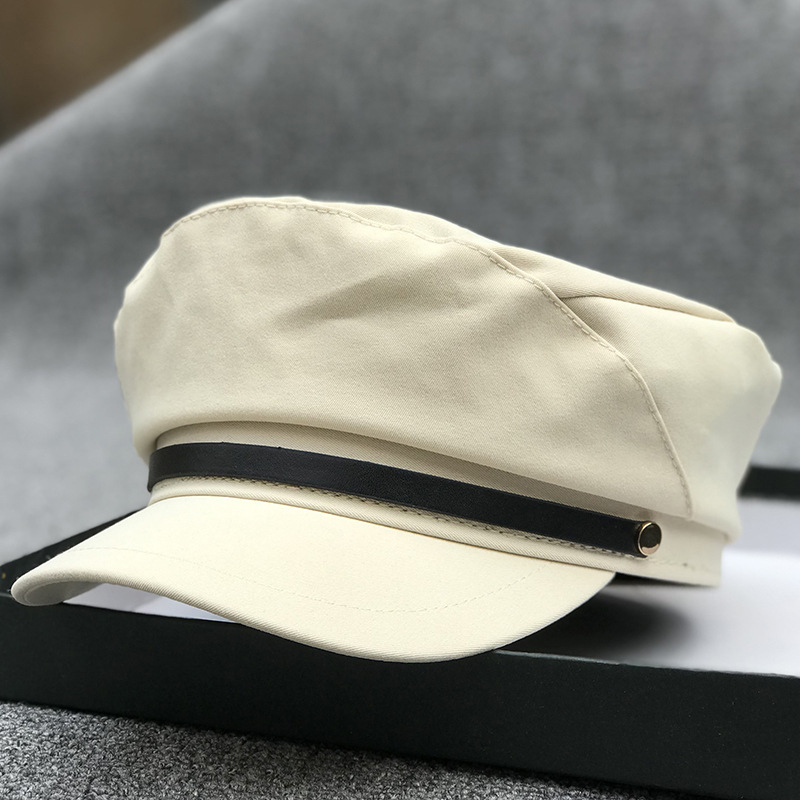 学院风皮带装饰休闲百搭平顶帽鸭舌帽女韩版海军帽男士鸭舌帽潮帽