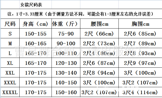 女款尺码表
