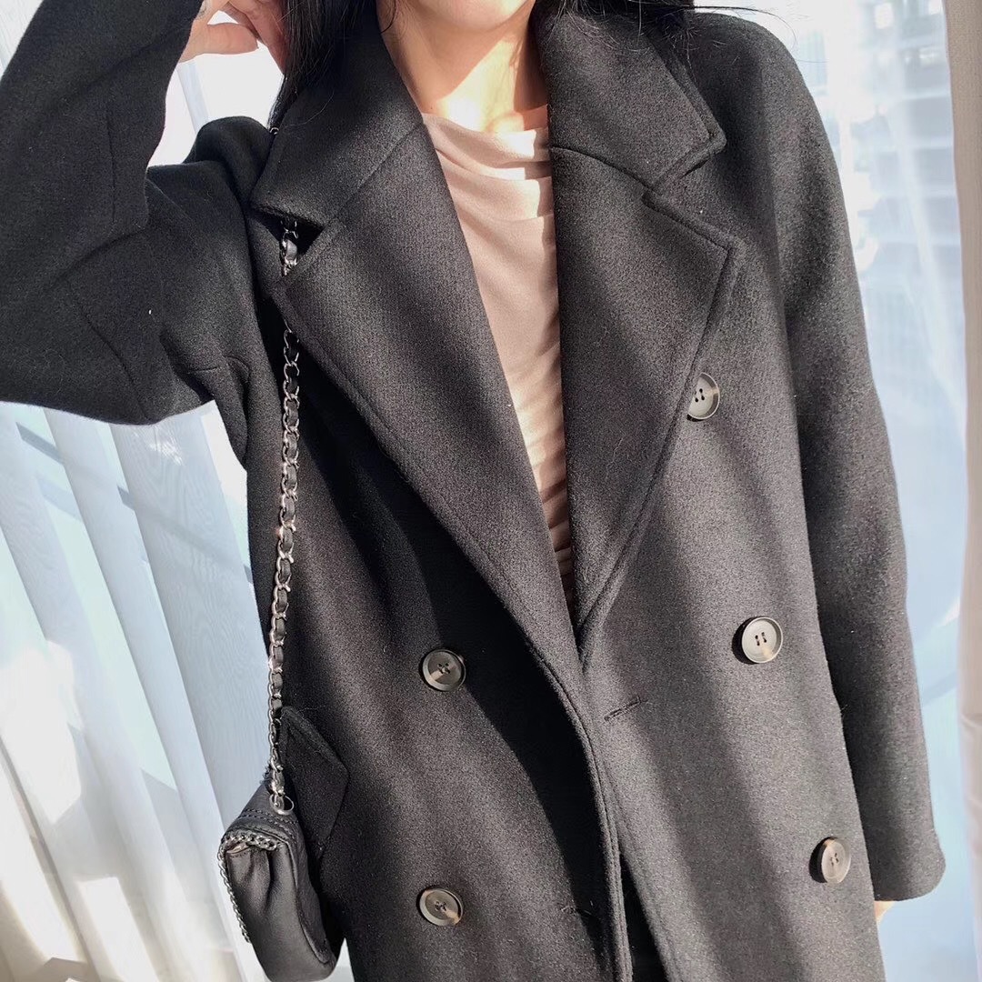 黑色纽扣毛呢大衣女冬季加厚长款过膝呢子外套修身赫本风