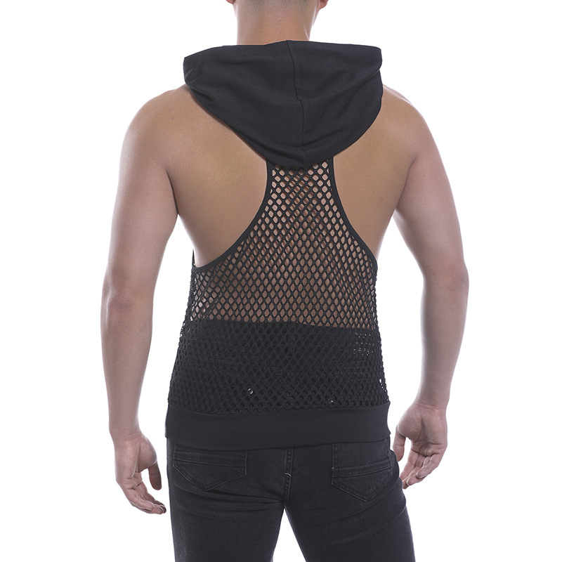 2019年新款男士性感网纱情趣透明超薄男式内衣背心连帽网背心男