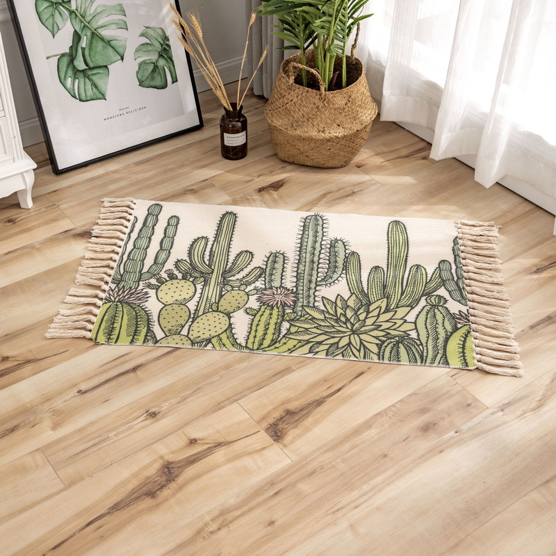 Retro Ethnic Style Tassel Floor Mat Nordic Simple Cotton Linen Door Mat Bedroom Bedside Foot Mat Living Room Coffee Table Carpet
