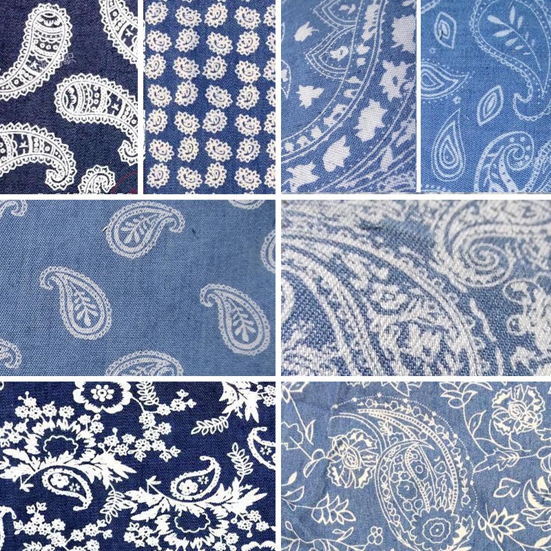 大小腰果花印花牛仔布洗水腰果印花牛仔衬衫服装连衣裙面料