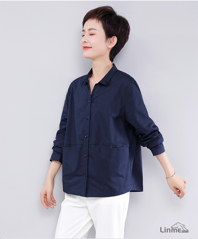 棉麻衬衫女长袖宽松大码中年女士妈妈复古港风纯色休闲亚麻棉上衣