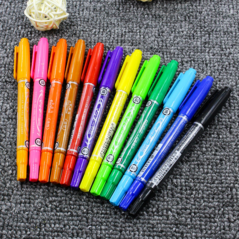 12色彩色小双头记号笔细头光盘笔勾线记号笔彩色油性粗头笔描边笔