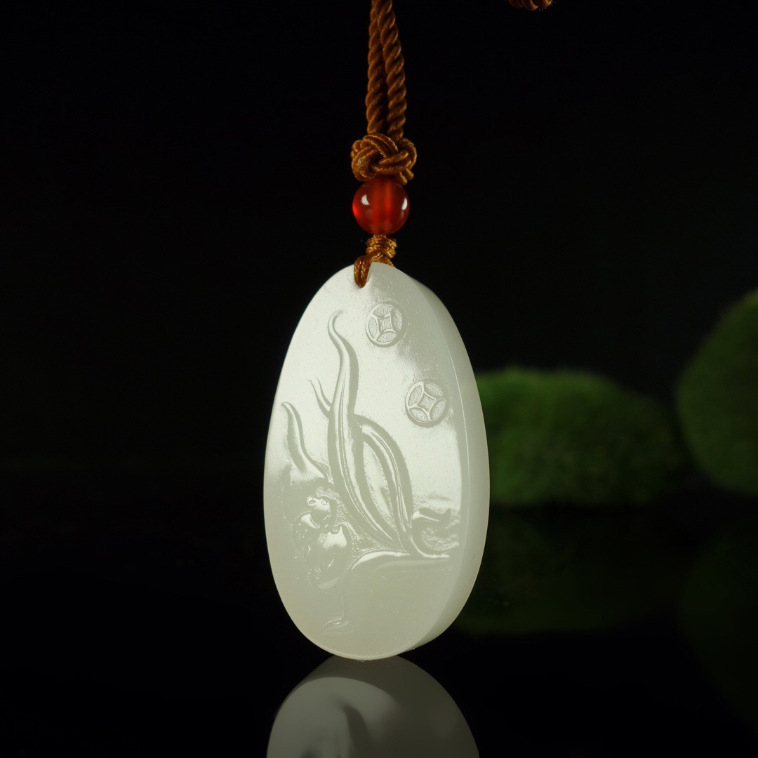 保真和田玉白玉青海料幽兰玉牌花草牌兰花玉佩吊坠羊脂玉配证书