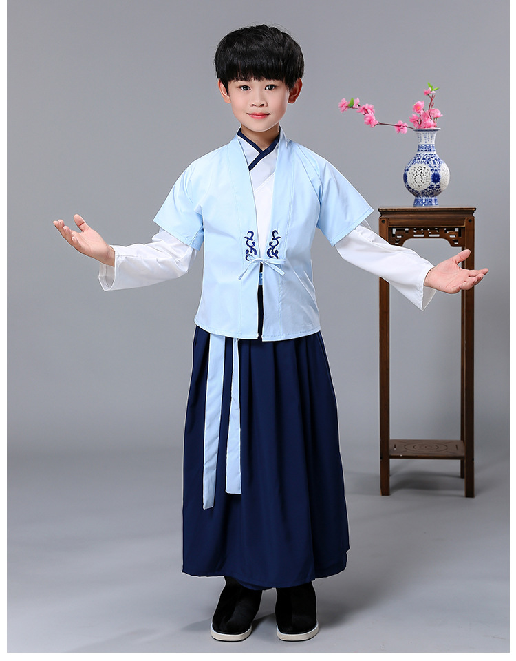 古装儿童汉服书童演出服国学古代读书郎衣服男女童三字经表演服