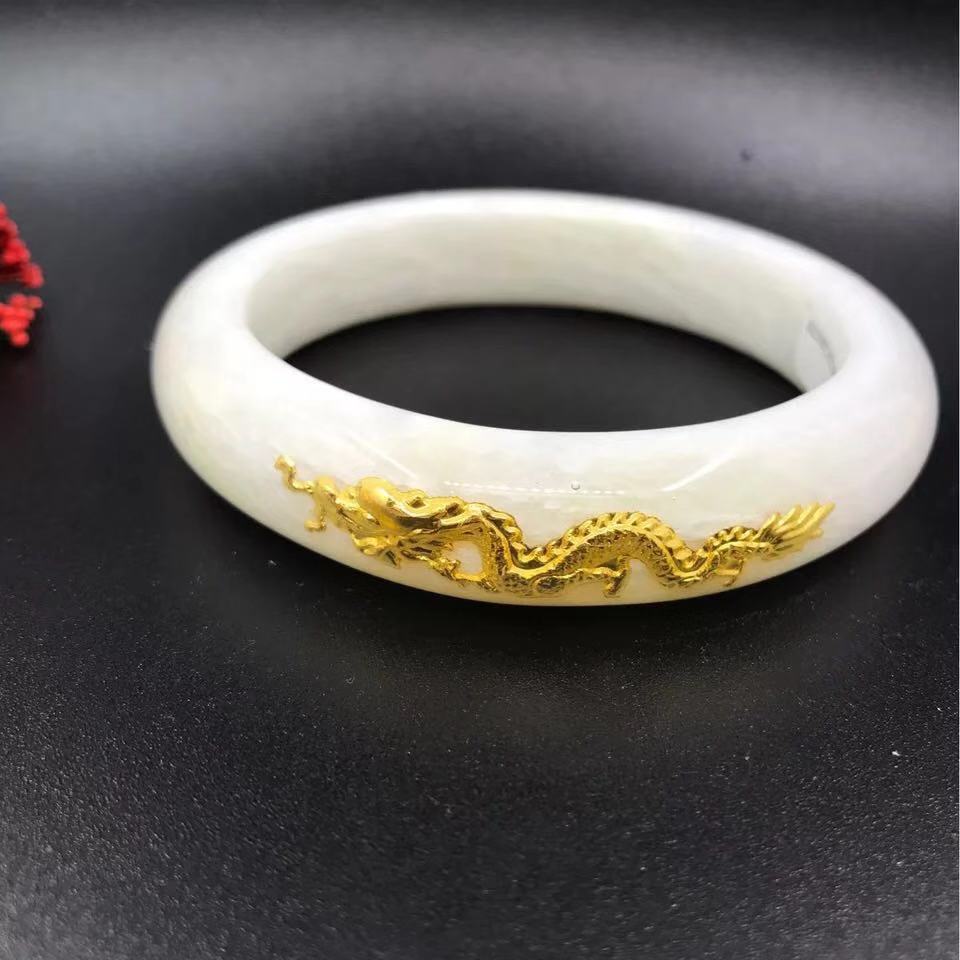金镶玉黄金手镯 白玉镶足金999龙凤戏珠手镯 旅游区会销礼品厂家