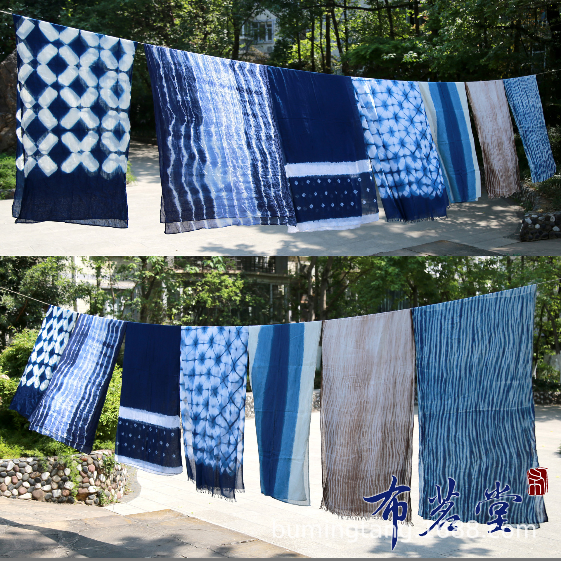 布茗堂 手工扎染植物蓝染棉纱围巾 大号80*230cm