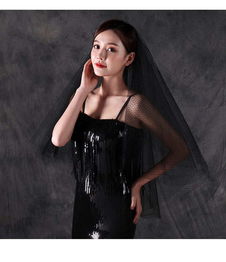 批发多层网格黑色头纱短款蓬松硬网头纱影楼旅拍复古写真新娘头纱