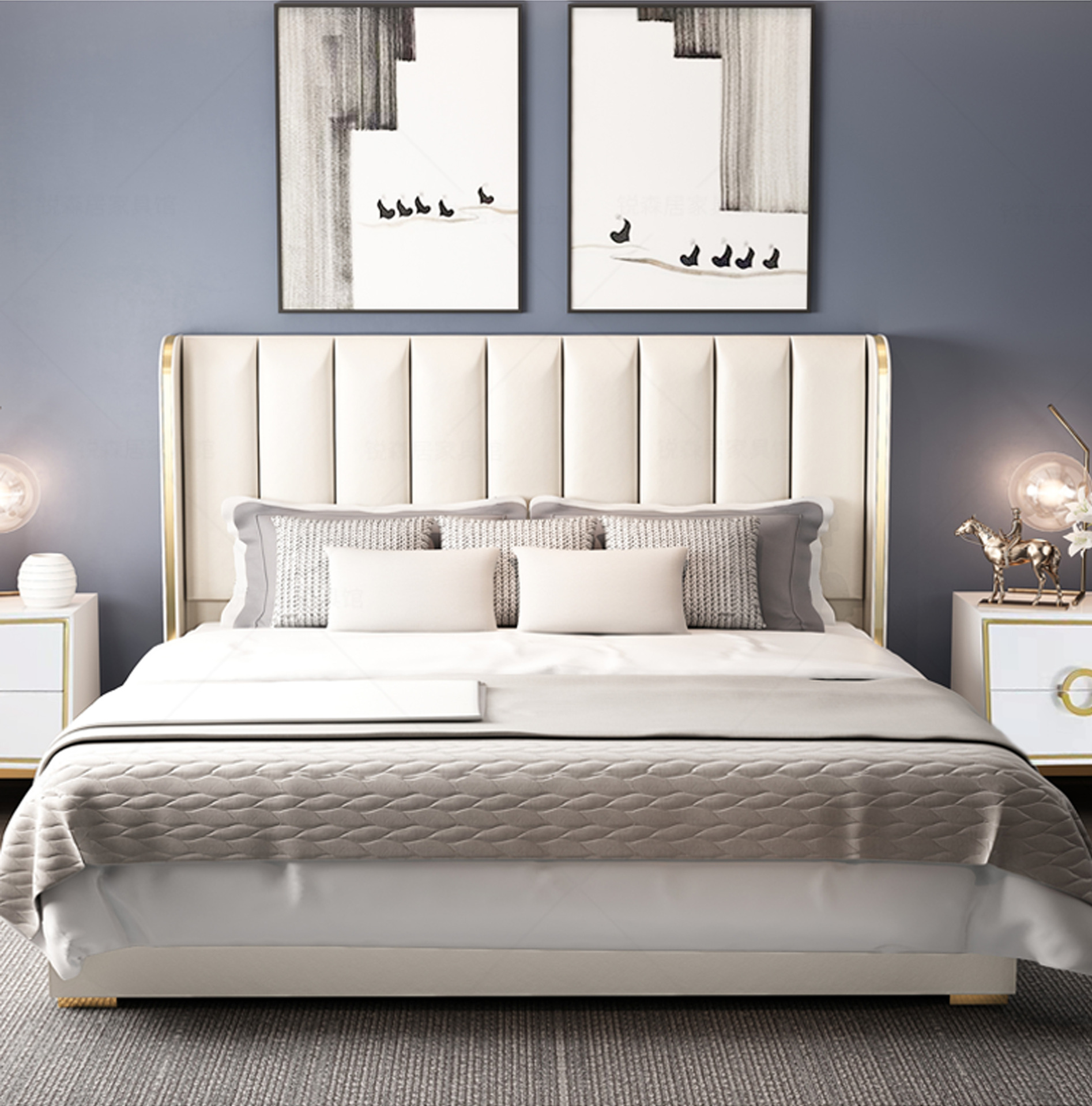 轻奢床现代简约1.5米高背皮床1.8米港式主卧室网红结婚实木双人床