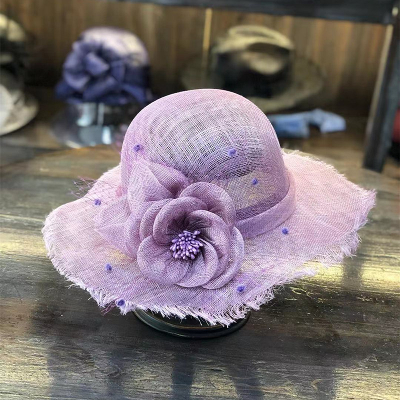 成人帽-华巧菲律宾圆顶麻纱帽子女宽沿毛边网纱花朵平