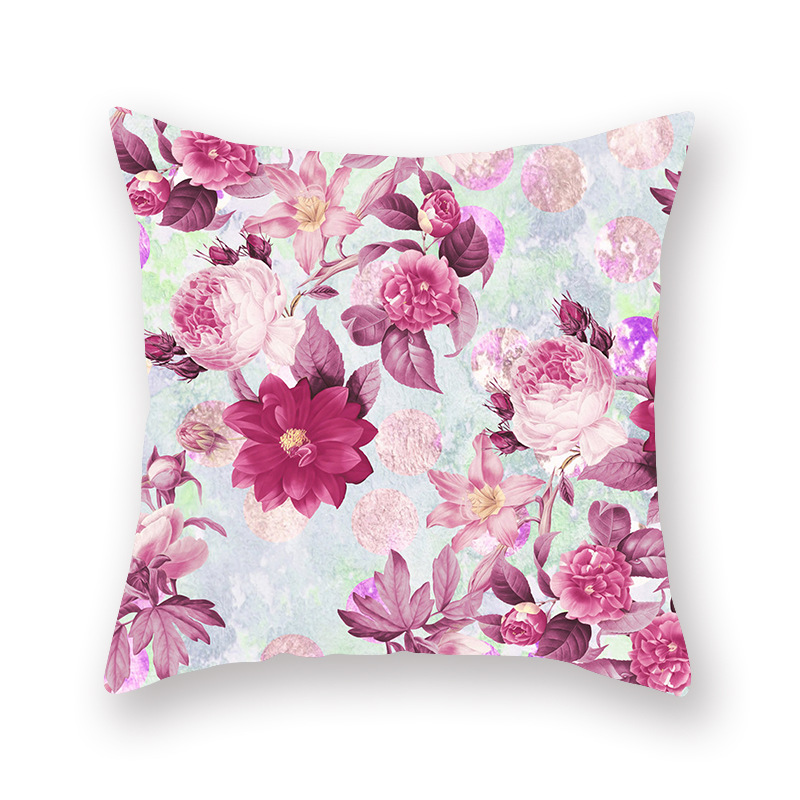亚马逊爆款家居粉色植物花朵抱枕套桃皮绒印花靠枕坐垫定制厂批发