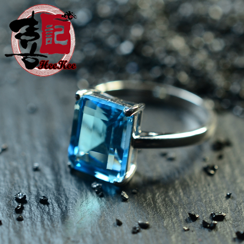 925银天然托帕石海蓝宝石戒指 镶嵌方形裸石18k私人定制 彩宝指环