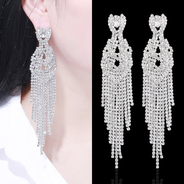欧美时尚爆款夸张满钻长款流苏耳环性感女士晚宴气质百搭耳钉耳坠