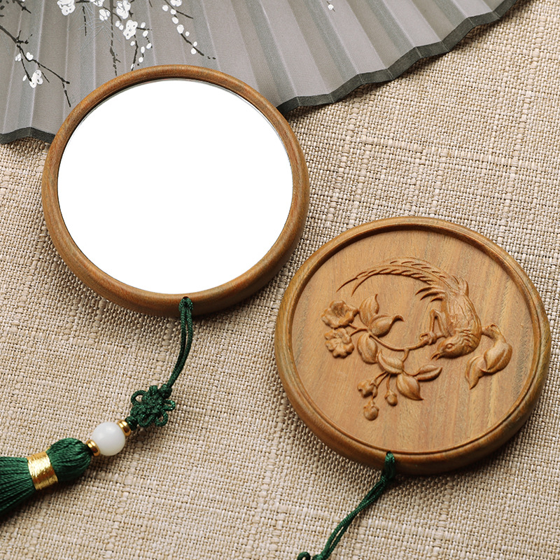 天然绿檀木小镜子古风雕刻化妆镜便携梳妆镜教师节创意礼品木镜
