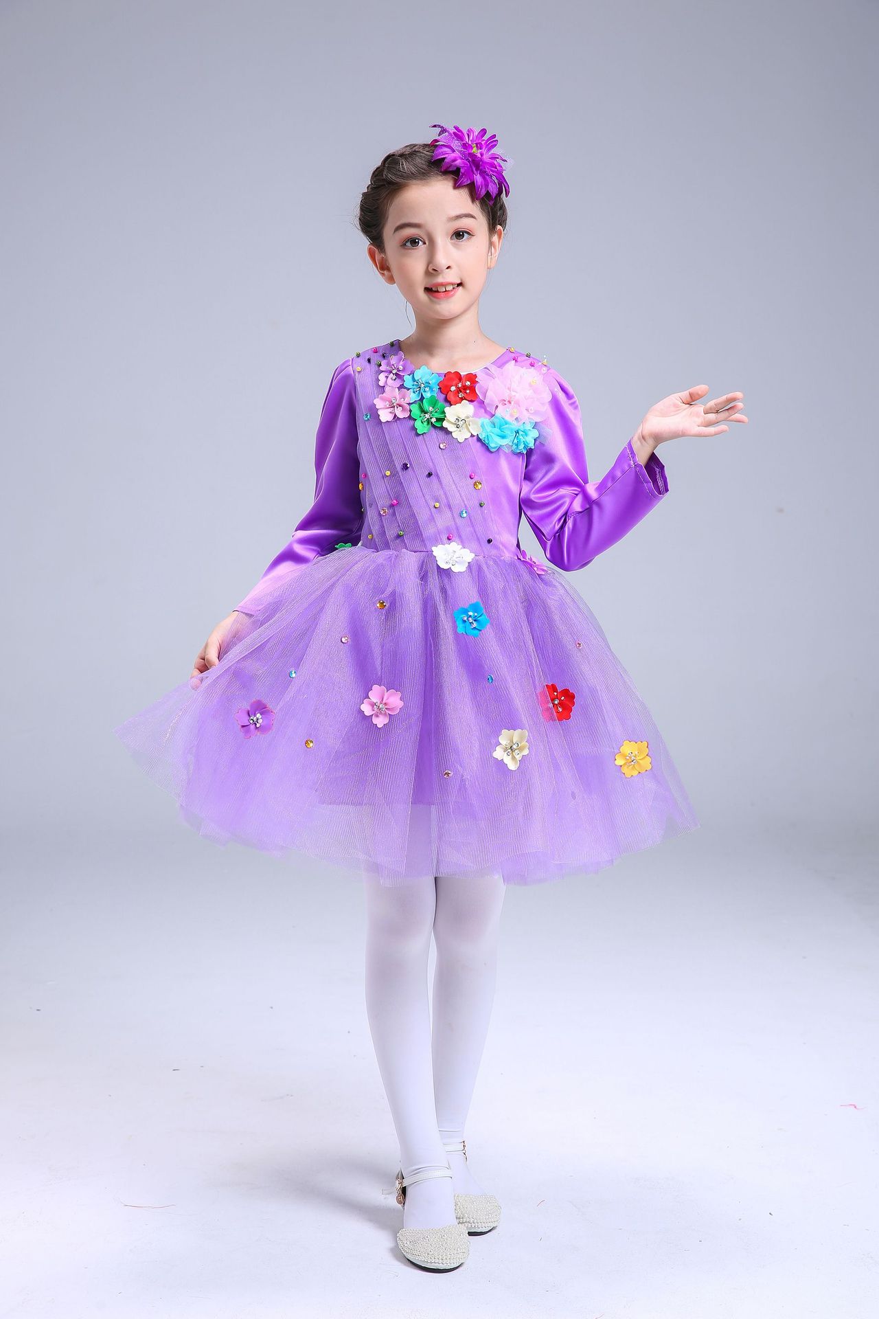 儿童合唱服长袖女童公主裙蓬蓬纱裙花童连衣裙礼服舞蹈表演出服装