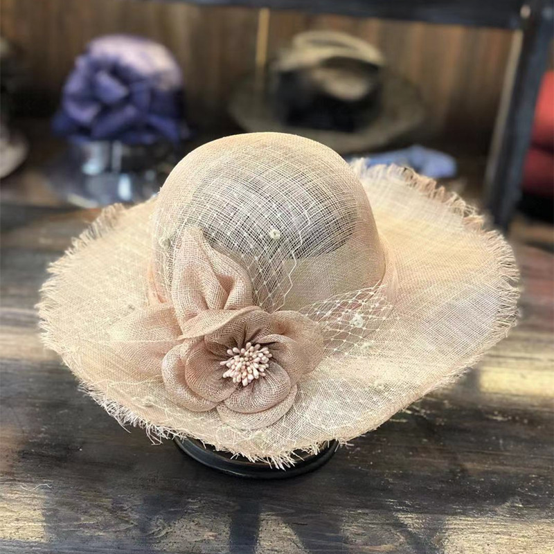 成人帽-华巧菲律宾圆顶麻纱帽子女宽沿毛边网纱花朵平