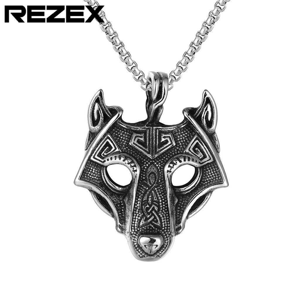p0446-nk05 外贸饰品批发 个性复古草原狼头男士钛钢吊坠项链