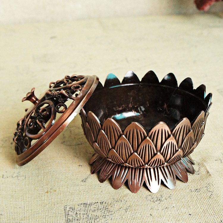 藏式合金八吉祥莲花佛堂供具塔双层莲花法器香炉合金莲花香炉