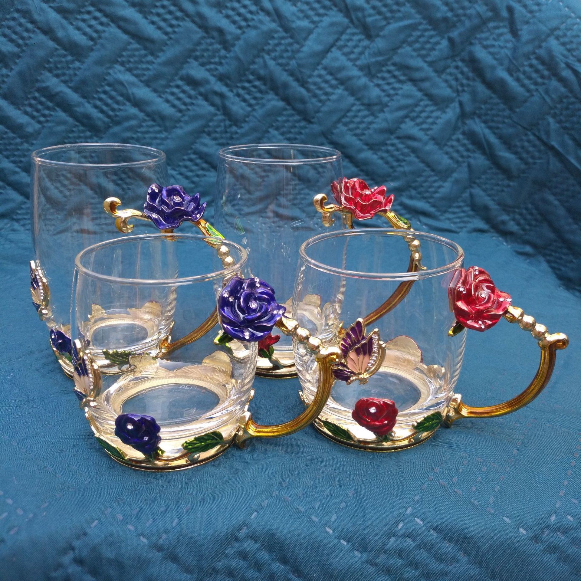 珐琅彩水杯玻璃杯女生花茶杯家用咖啡杯加厚耐热水晶玻璃茶杯批发