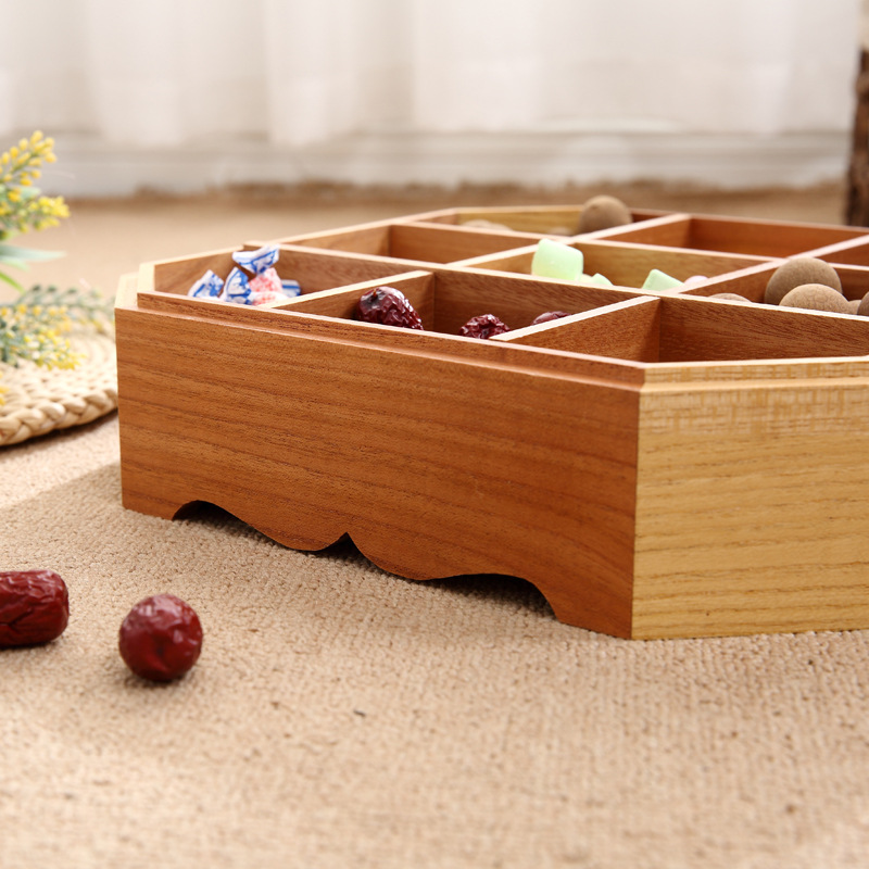 Storage Box Wooden Household Grid with Lid Dried Fruit Nut Box Wooden Jiugong Grid Candy Box Snack Snack Box