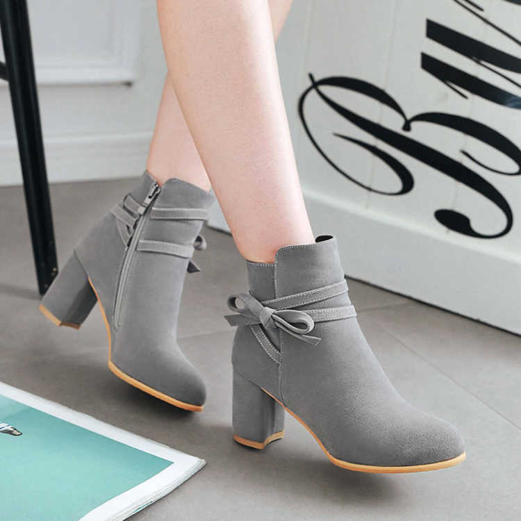 短靴女2019秋冬新款粗跟高跟马丁靴甜美蝴蝶结学生鞋矮筒女靴子潮