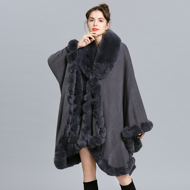 European and American New Large Size Coat Women's Cape and Shawl Loose Faux Fur Collar Knitted Cardigan Shawl Cape 1561#