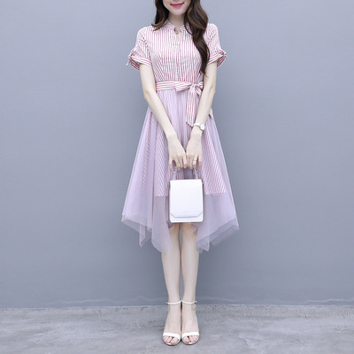 韩版网纱拼接连衣裙女2019新款夏收腰显瘦中长款小清新气质仙女裙