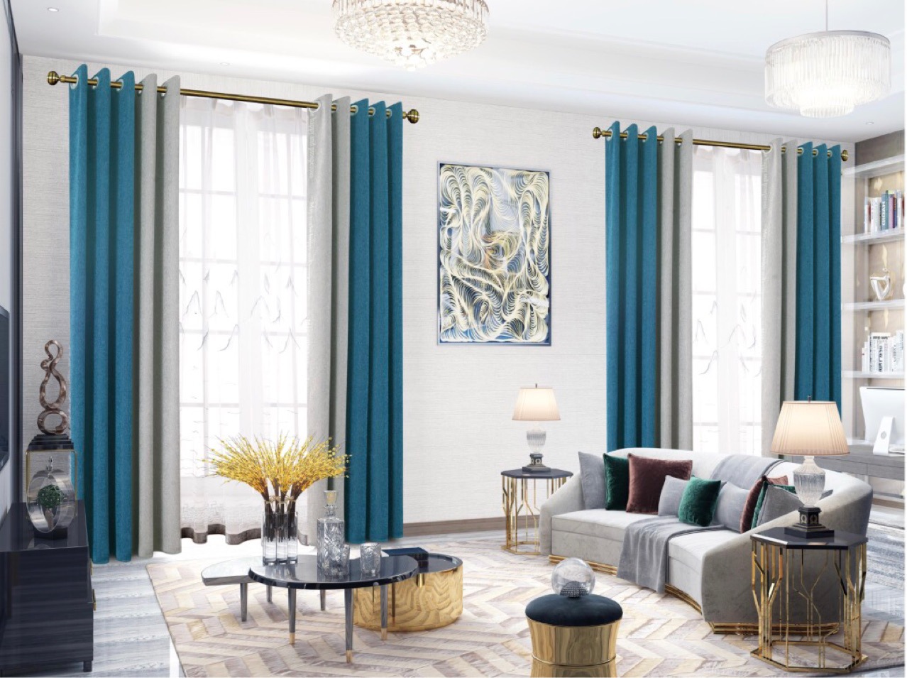 雪尼尔羊绒双色无缝拼接新款撞色遮光窗帘布定制客厅卧室现代简约