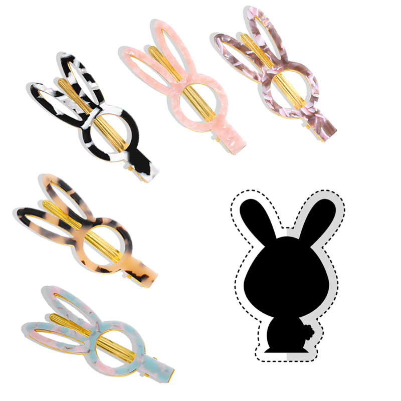 韩版时尚可爱小兔子发夹大理石文案醋酸板材鸭嘴夹兔耳朵夹子批发