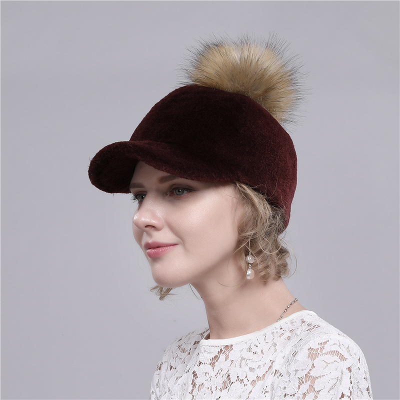 羊剪绒帽子狐狸毛球冬季保暖女士新款羊毛皮草鸭舌帽子厂家批发