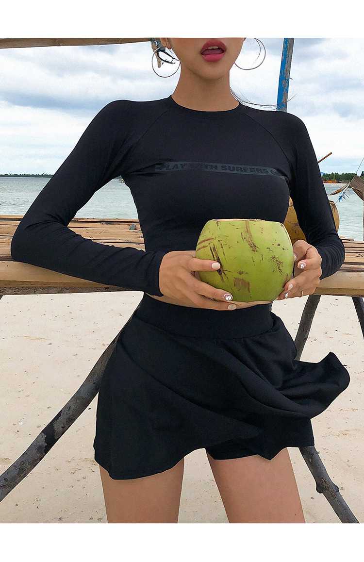 日韩ins网红泳衣女长袖性感黑色保守学生高腰分体裙式温泉游泳装