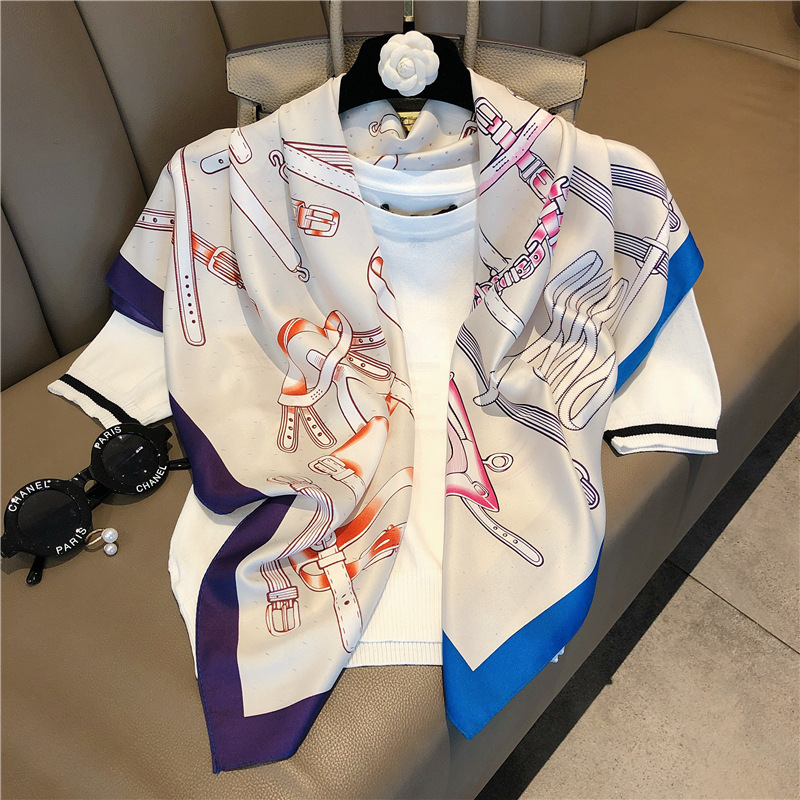 New Emulation Silk Scarf 90cm Large Kerchief Twill Handmade Curling Table Version Printed All-Matching Fashion Shawl