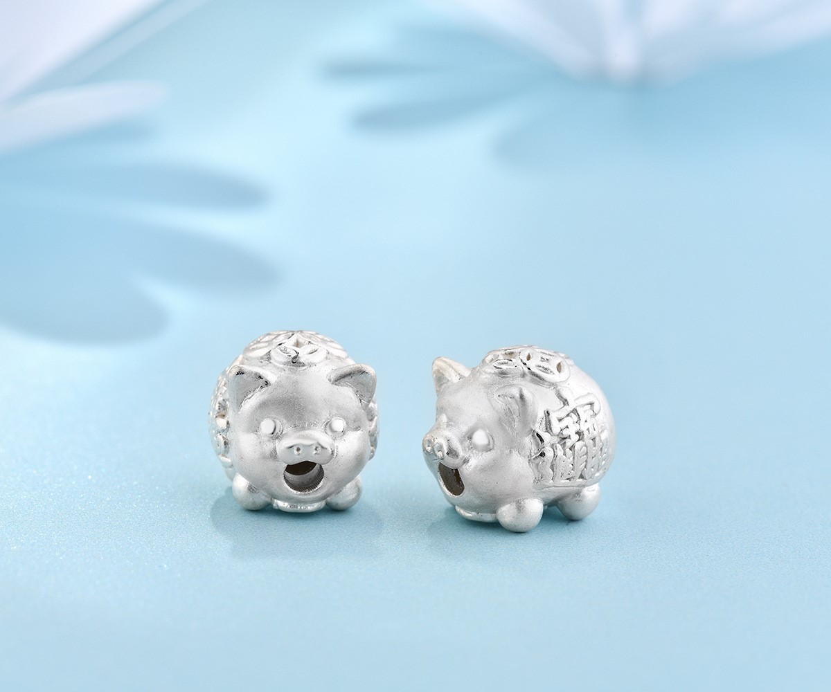 999银猪配件手链串珠生肖本命3d硬银diy手工编绳金钱猪饰品配件