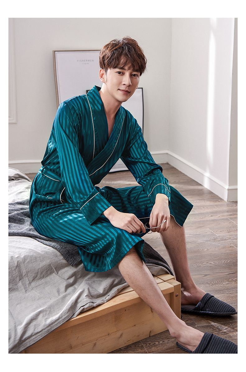 睡袍男春秋长袖薄款大码男士仿真丝绸睡衣一体式休闲浴袍家居服夏